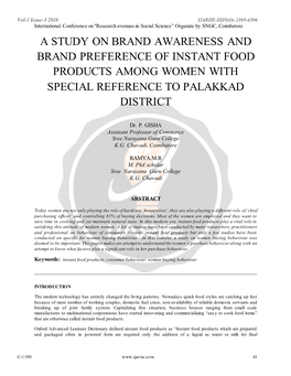 A Study on Brand Awareness and Brand Preference of Instant Food Products Among Women with Special Reference to Palakkad District