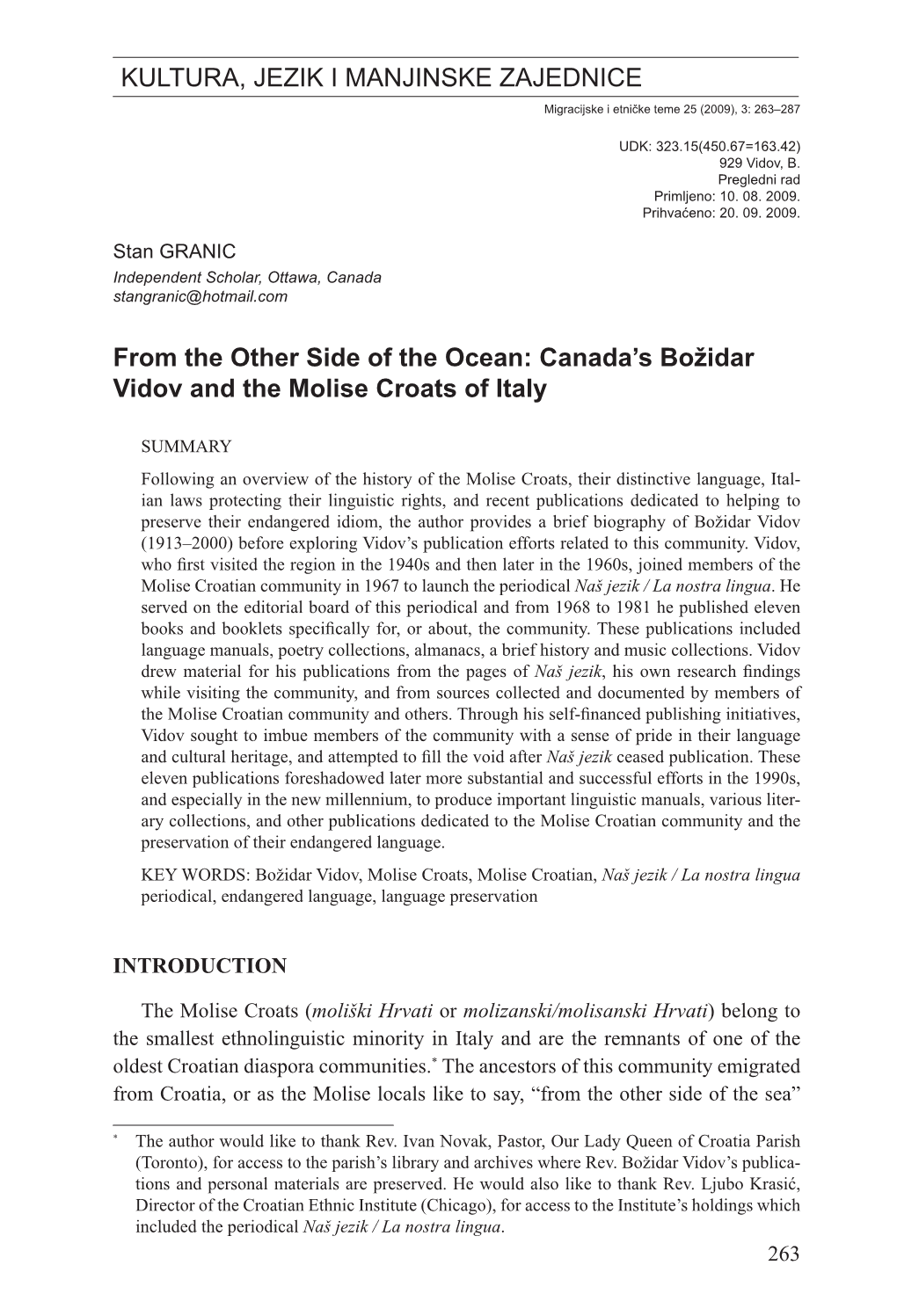 KULTURA, JEZIK I MANJINSKE ZAJEDNICE from the Other Side of the Ocean: Canada's Božidar Vidov and the Molise Croats of Italy