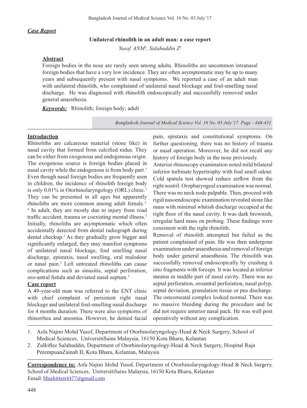 448 Case Report Unilateral Rhinolith in An