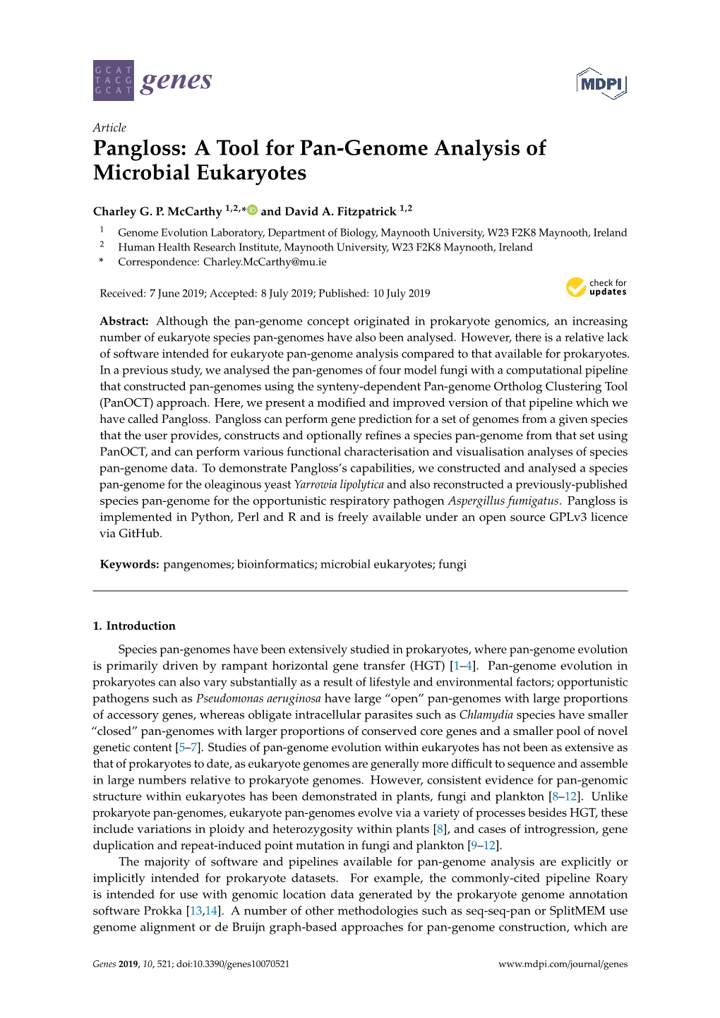 Pangloss: a Tool for Pan-Genome Analysis of Microbial Eukaryotes