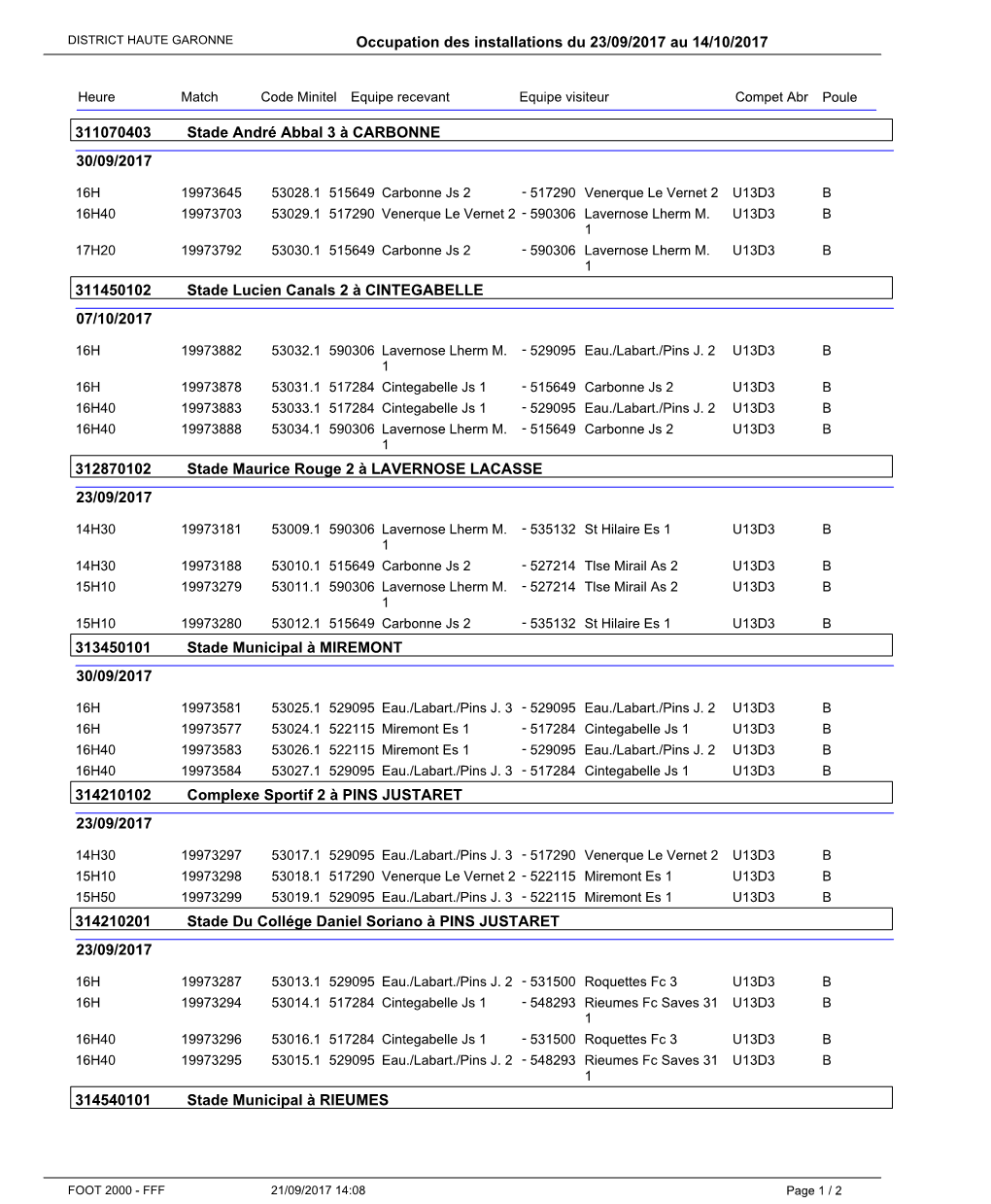 Occupation Des Installations Du 23/09/2017 Au 14/10/2017 30/09