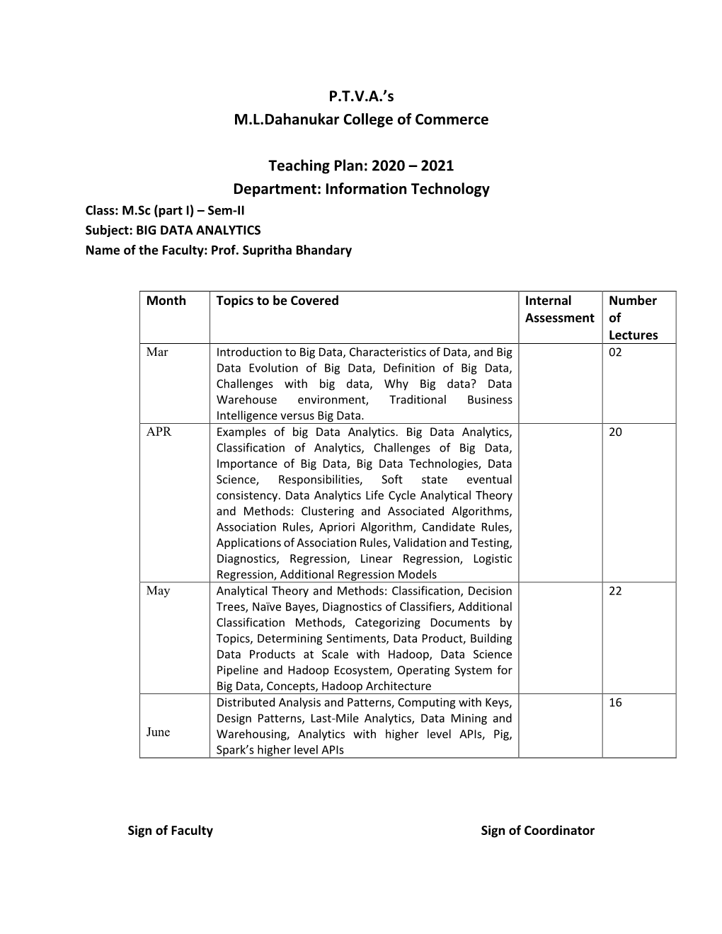 2020 – 2021 Department: Information Technology Class: M.Sc (Part I) – Sem-II Subject: BIG DATA ANALYTICS Name of the Faculty: Prof