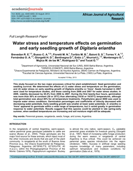 Water Stress and Temperature Effects on Germination and Early Seedling Growth of Digitaria Eriantha