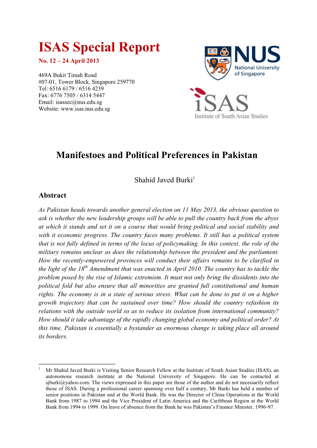 Manifestos and Political Preferences in Pakistan