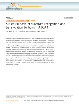 Structural Basis of Substrate Recognition and Translocation by Human ABCA4 ✉ Tian Xie 1,2, Zike Zhang1,2, Qi Fang1, Bowen Du1 & Xin Gong 1
