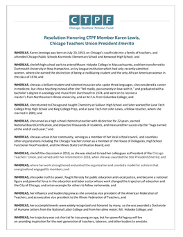 Resolution Honoring CTPF Member Karen Lewis, Chicago Teachers Union President Emerita