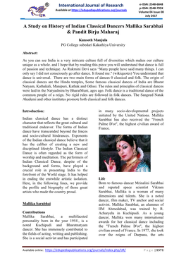 A Study on History of Indian Classical Dancers Mallika Sarabhai & Pandit Birju Maharaj Kunsoth Manjula PG College Subedari Kakathiya University