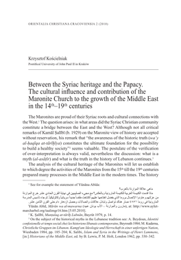 Between the Syriac Heritage and the Papacy. the Cultural Influence and Contribution of the Maronite Church to the Growth of the Middle East in the 14ᵗʰ–19ᵗʰ Centuries