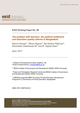 ESID Working Paper No. 86 the Problem with Teachers: the Political