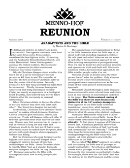 REUNION Summer 2004 Volume 13 – Issue 4 ANABAPTISTS and the BIBLE by Marion G