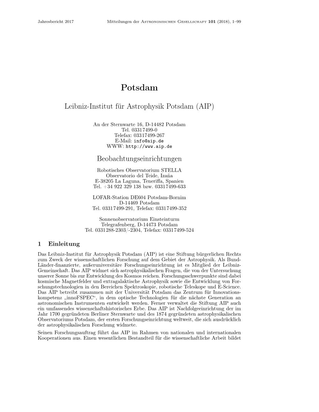 Jahresbericht 2017 Mitteilungen Der Astronomischen Gesellschaft 101 (2018), 1–99