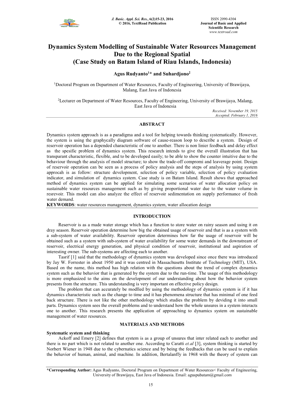 Dynamics System Modelling of Sustainable Water Resources Management Due to the Regional Spatial (Case Study on Batam Island of Riau Islands, Indonesia)