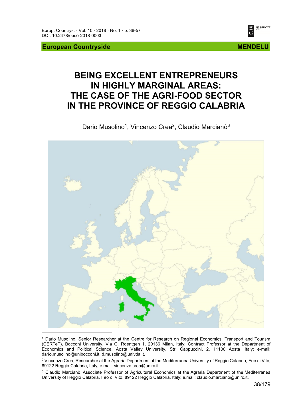 Being Excellent Entrepreneurs in Highly Marginal Areas: the Case of the Agri-Food Sector in the Province of Reggio Calabria