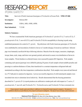 Title: Survival of North American Genotypes of Trichinella in Frozen Pork – NPB # 07-088