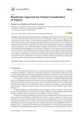 Bioclimatic Approach for Climate Classification of Nigeria