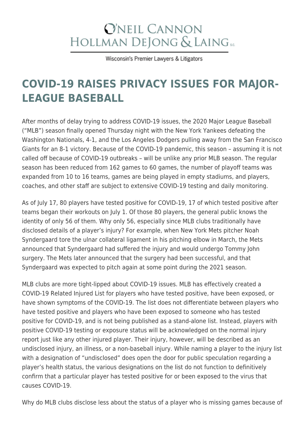 COVID-19 Raises Privacy Issues for Major-League Baseball