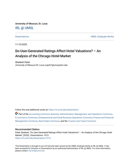 Do User-Generated Ratings Affect Hotel Valuations? – an Analysis of the Chicago Hotel Market