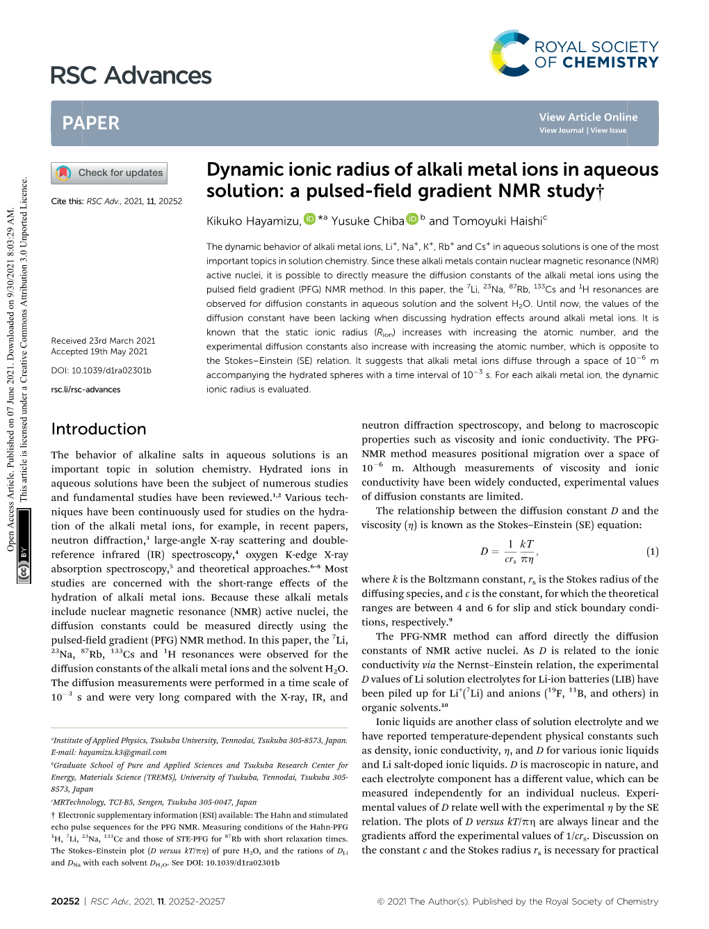 Dynamic Ionic Radius of Alkali Metal Ions in Aqueous Solution: a Pulsed