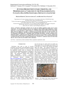 Juvenile Recruitment, Early Growth, and Morphological Variation in the Endangered Santa Catalina Island Rattlesnake, Crotalus Catalinensis