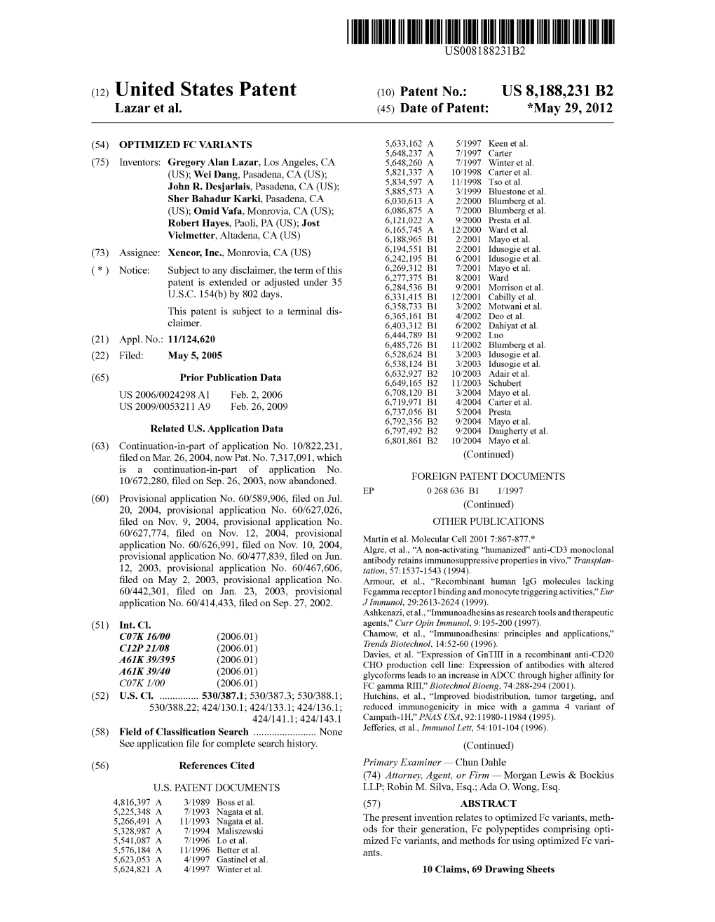 (12) United States Patent (10) Patent No.: US 8,188,231 B2 Lazar Et Al