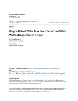 Oregon Ballast Water Task Force Report on Ballast Water Management in Oregon