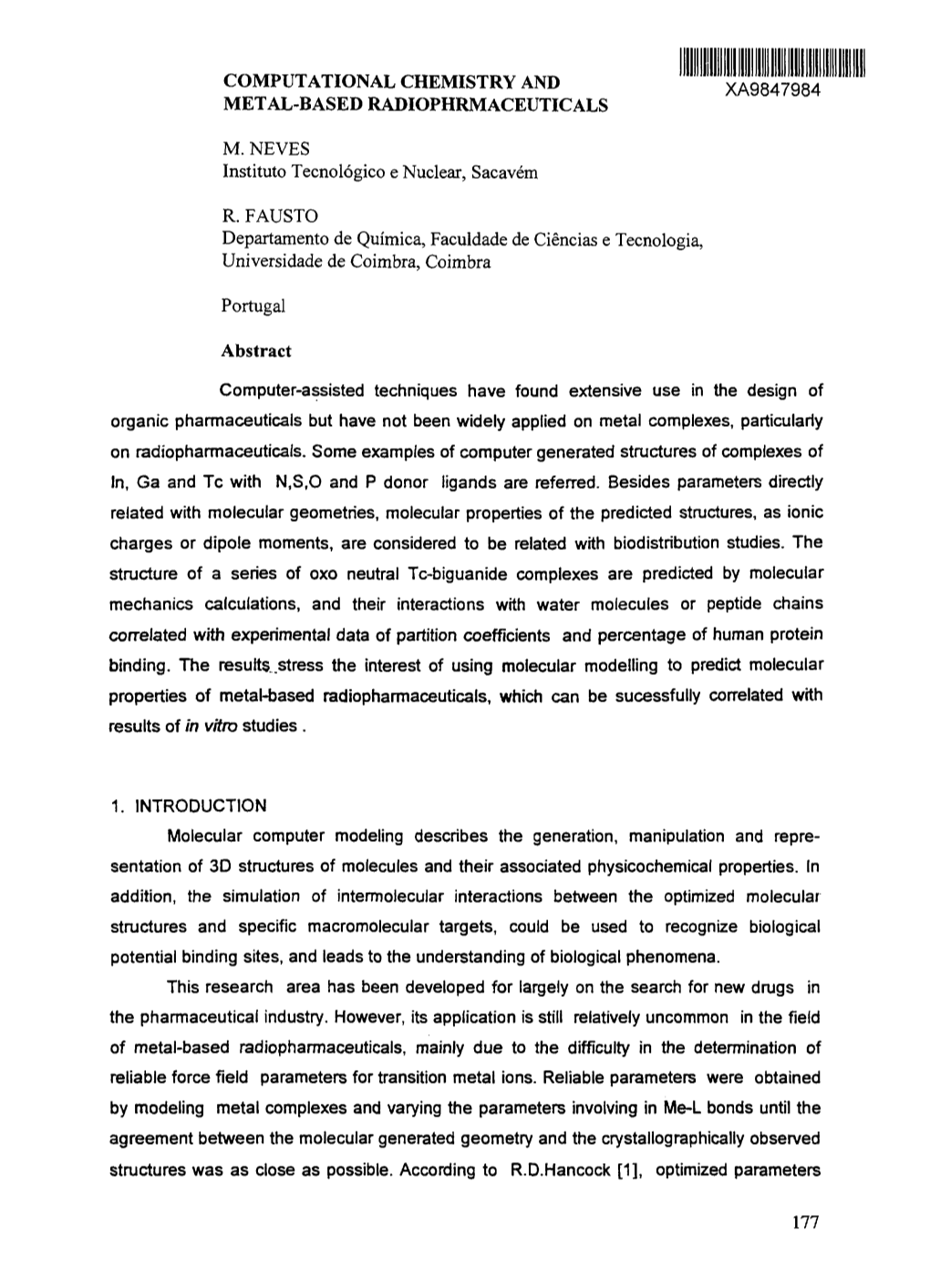 Computational Chemistry and Xa9847984 Metal-Based Radiophrmaceuticals