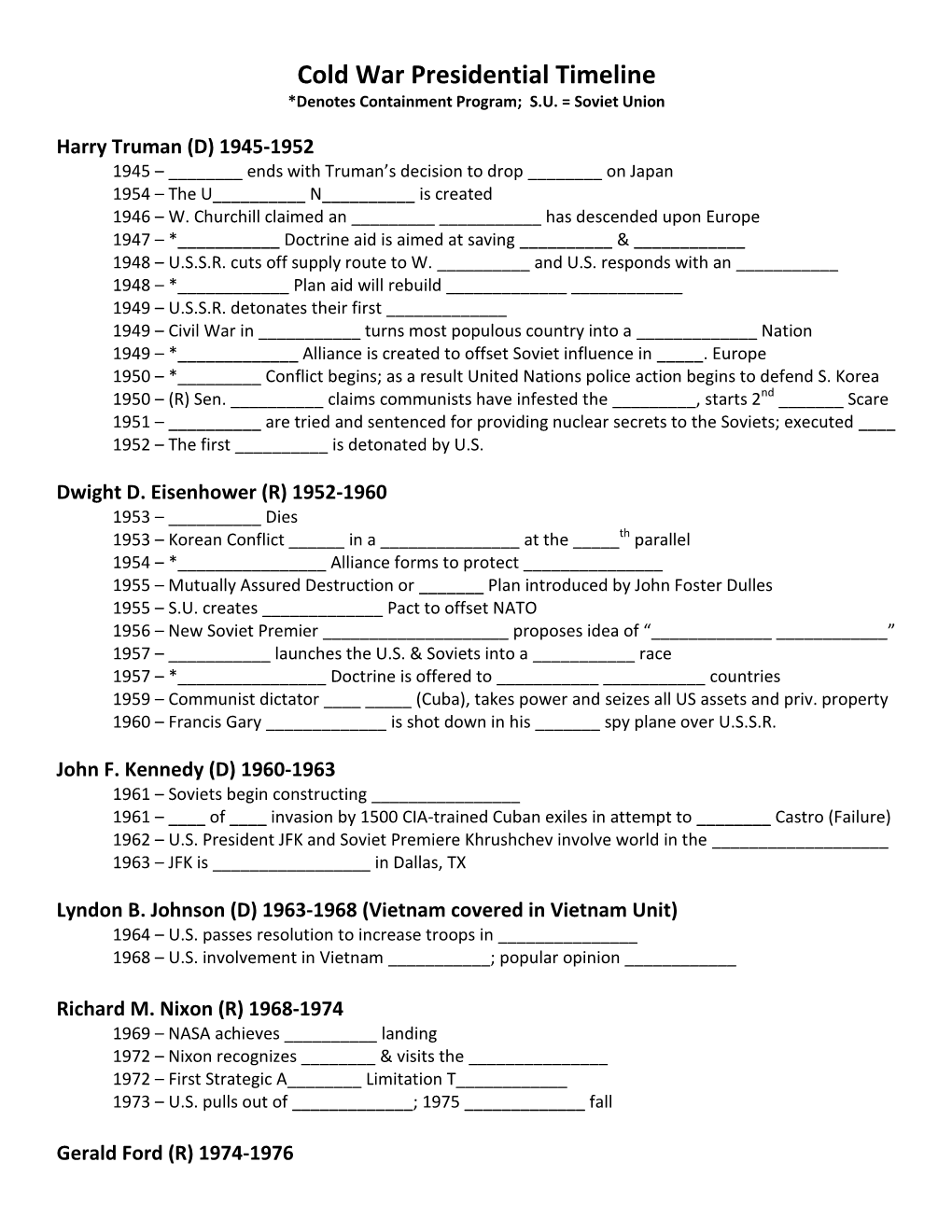 Cold War Presidential Timeline *Denotes Containment Program; S.U