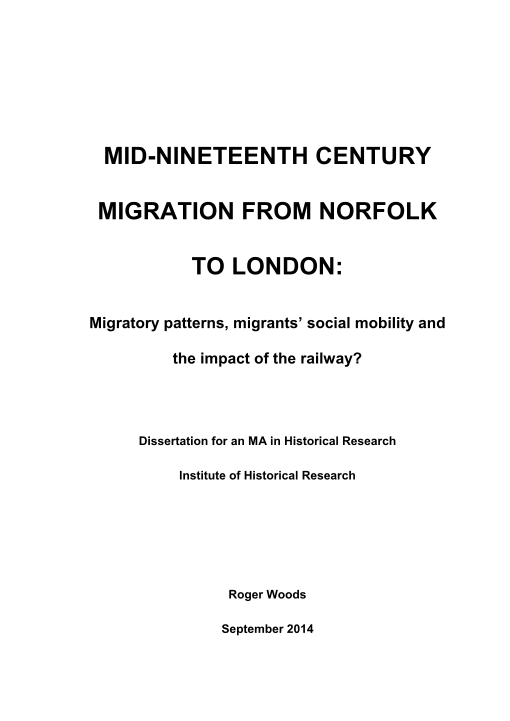 Mid-Nineteenth Century Migration from Norfolk to London