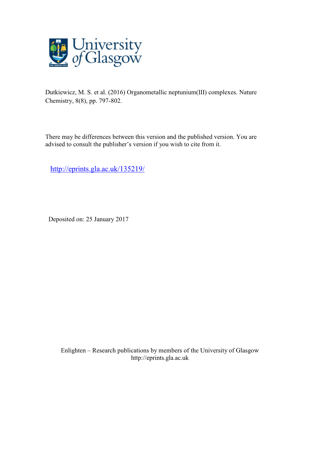 Organometallic Neptunium(III) Complexes. Nature Chemistry, 8(8), Pp