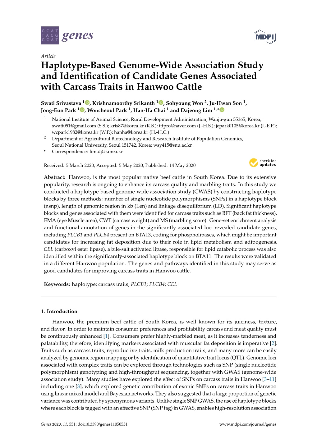 Haplotype-Based Genome-Wide Association Study and Identification of Candidate Genes Associated with Carcass Traits in Hanwoo