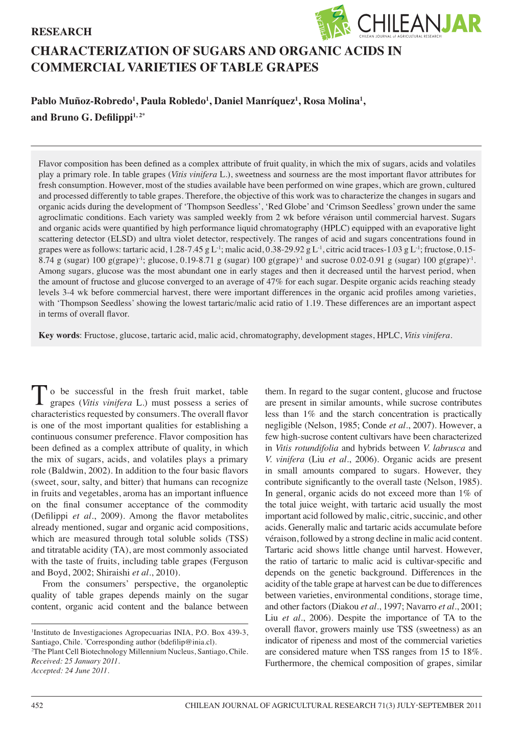 Characterization of Sugars and Organic Acids in Commercial Varieties of Table Grapes