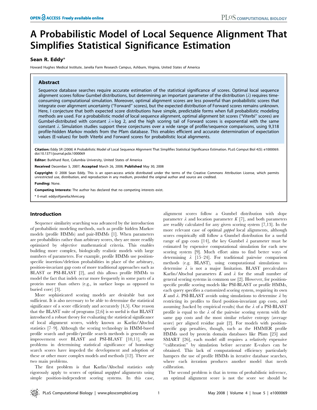 A Probabilistic Model of Local Sequence Alignment That Simplifies Statistical Significance Estimation