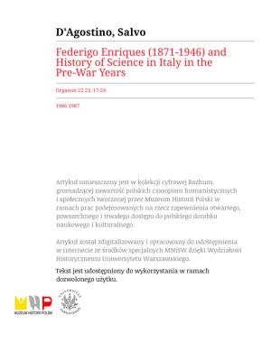 Federigo Enriques (1871—1946) and History of Science in Italy in the Pre-War Years