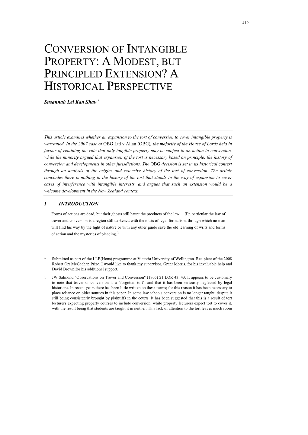 Conversion of Intangible Property: a Modest, but Principled Extension? a Historical Perspective