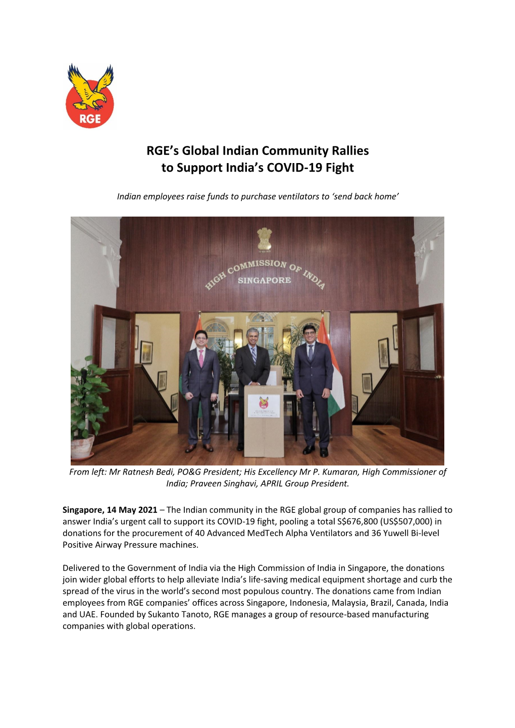 RGE's Global Indian Community Rallies to Support India's COVID-19