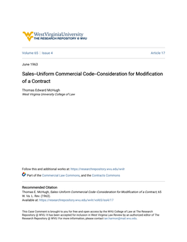 Uniform Commercial Code--Consideration for Modification of a Contract