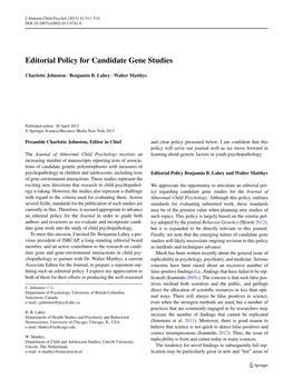 Editorial Policy for Candidate Gene Studies