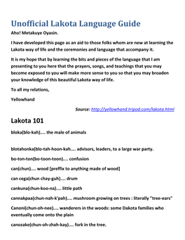 Unofficial Lakota Language Guide Aho! Metakuye Oyasin