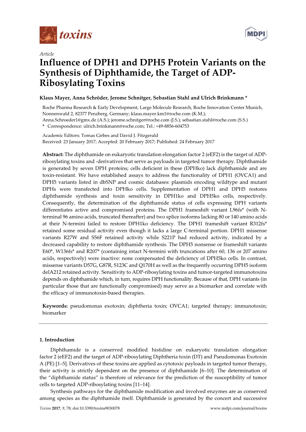 Influence of DPH1 and DPH5 Protein Variants on the Synthesis of Diphthamide, the Target of ADP‐ Ribosylating Toxins