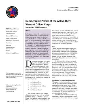Demographic Profile of the Active-Duty Warrant Officer Corps September 2008 Snapshot MLDC Research Areas Definition of Diversity Abstract That Service