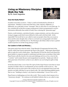Living As Missionary Disciples: Walk the Talk by Dr