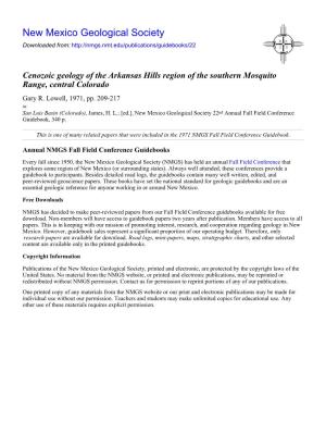 Cenozoic Geology of the Arkansas Hills Region of the Southern Mosquito Range, Central Colorado Gary R