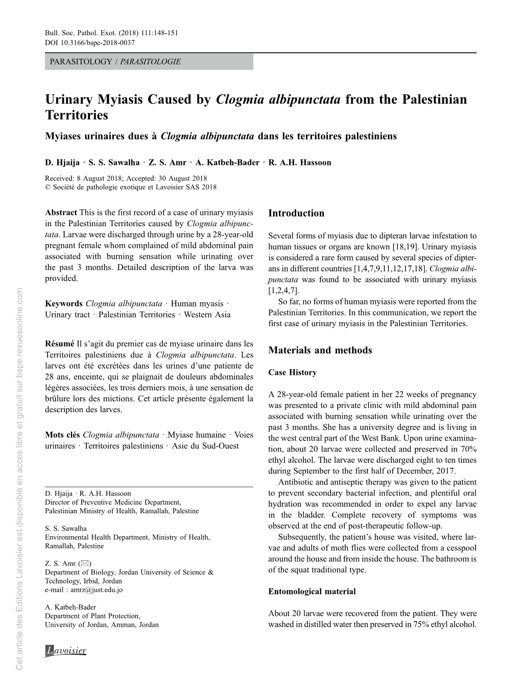 Urinary Myiasis Caused by Clogmia Albipunctata from the Palestinian Territories Myiases Urinaires Dues À Clogmia Albipunctata Dans Les Territoires Palestiniens