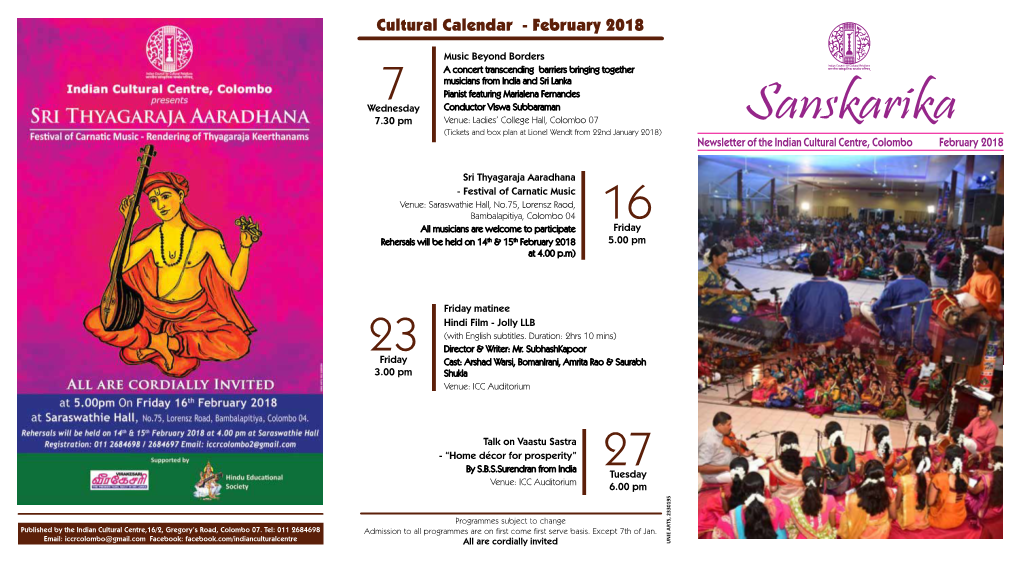 Sanskarika Newsletter of the Indian Cultural Centre, Colombo February 2018