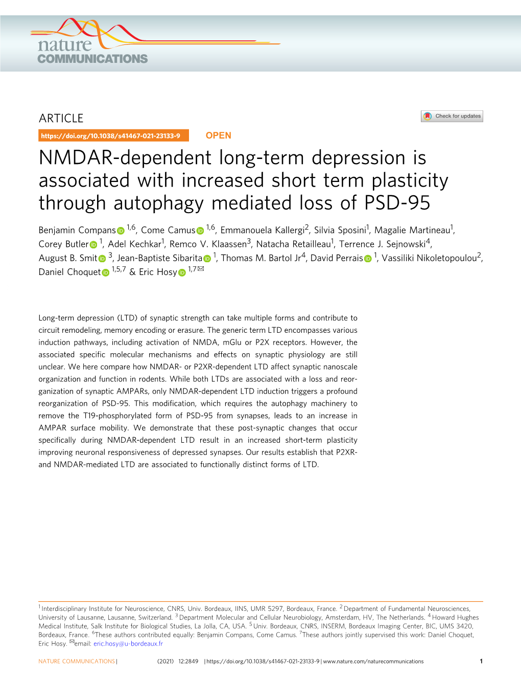 NMDAR-Dependent Long-Term Depression Is Associated with Increased Short Term Plasticity Through Autophagy Mediated Loss of PSD-95