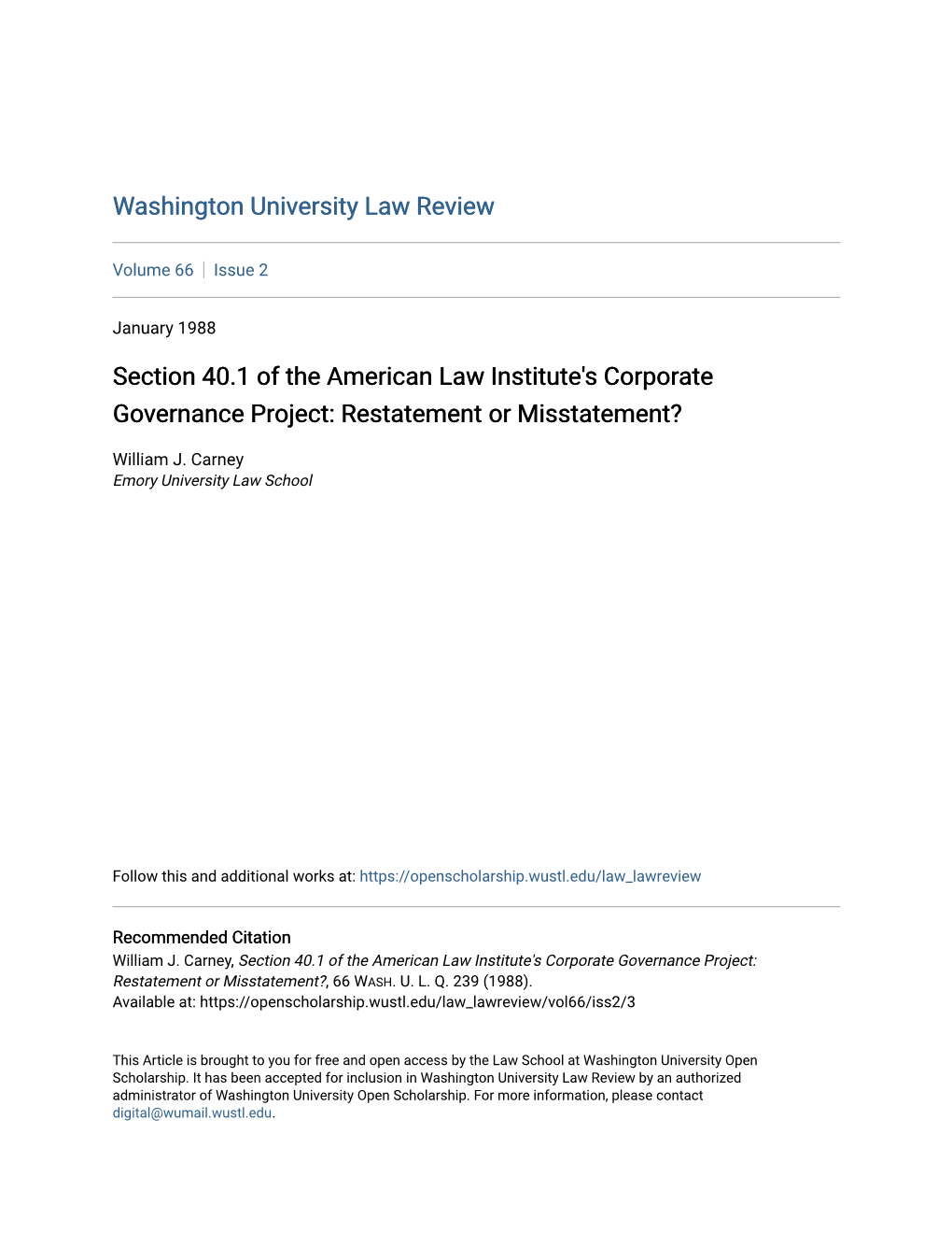 Section 40.1 of the American Law Institute's Corporate Governance Project: Restatement Or Misstatement?
