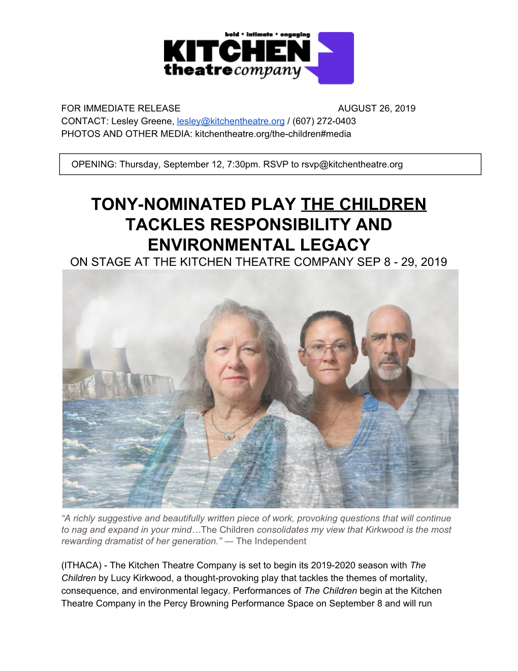 The Children ​ Tackles Responsibility and Environmental Legacy on Stage at the Kitchen Theatre Company Sep 8 - 29, 2019