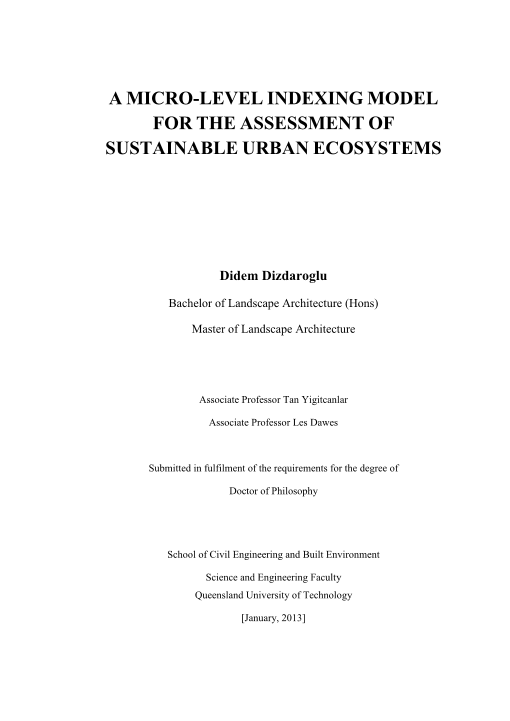 A Micro-Level Indexing Model for the Assessment of Sustainable Urban Ecosystems