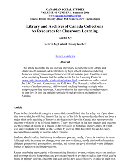 Library and Archives of Canada Collections As Resources for Classroom Learning