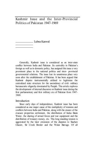 Kashmir Issue and the Inter-Provincial Politics of Pakistan 1947-1969